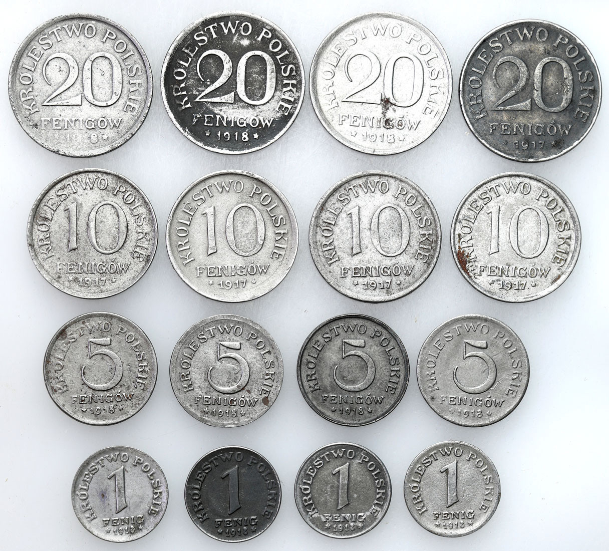 Królestwo Polskie. 1, 5, 10, 20 fenigów 1917-1918, zestaw 16 monet