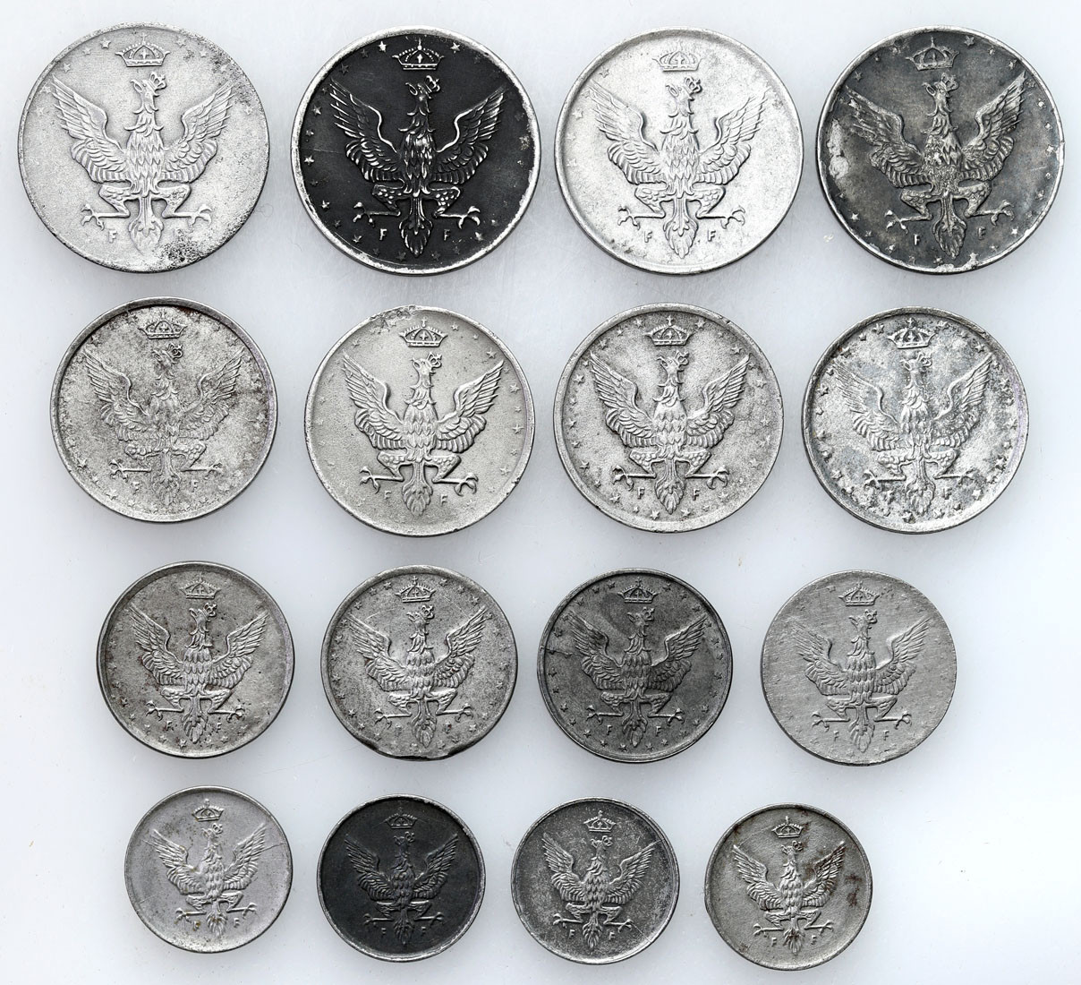 Królestwo Polskie. 1, 5, 10, 20 fenigów 1917-1918, zestaw 16 monet