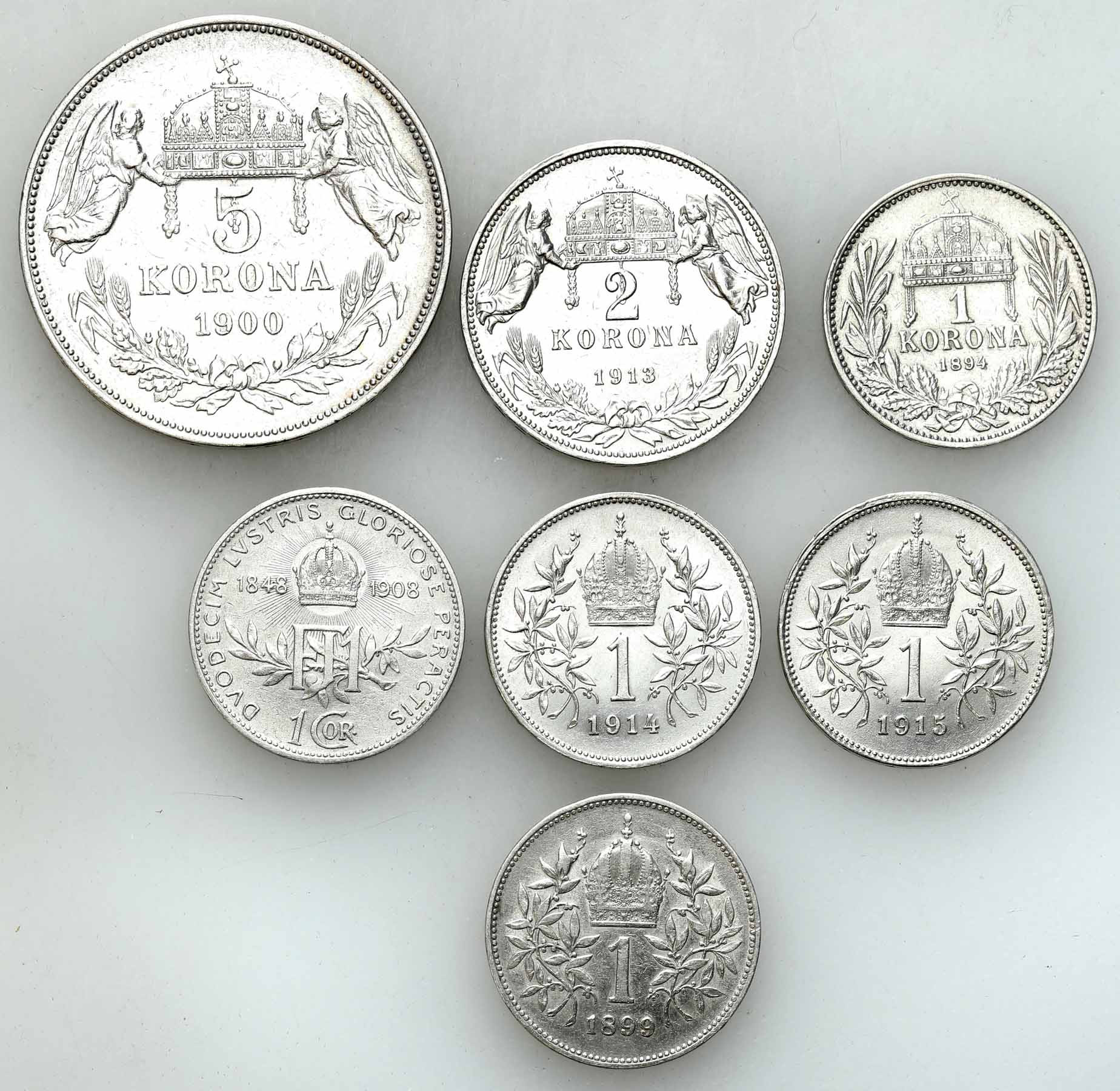 Austria, Franciszek Józef I (1848–1916). 1, 2, 5 koron 1894-1915, zestaw 7 monet