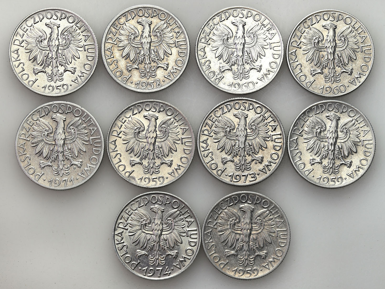 PRL. 5 złotych 1958-1974 Rybak, zestaw 10 monet