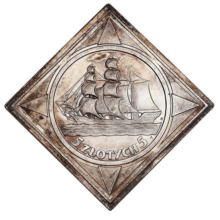 II RP. 5 złotych 1936, Żaglowiec klipa, PRÓBA, srebro