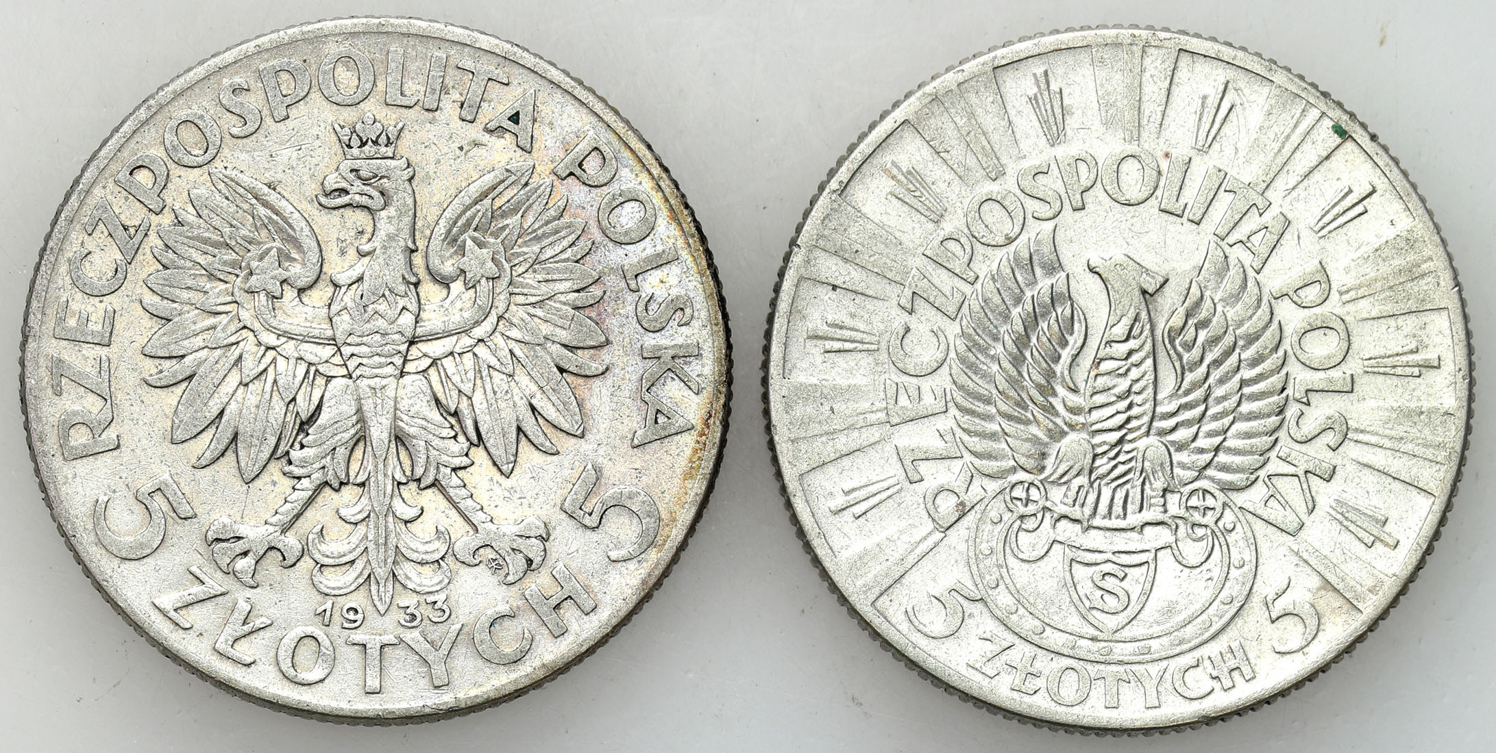 II RP. 5 złotych 1933 głowa kobiety i 5 złotych 1934 Piłsudski Strzelecki