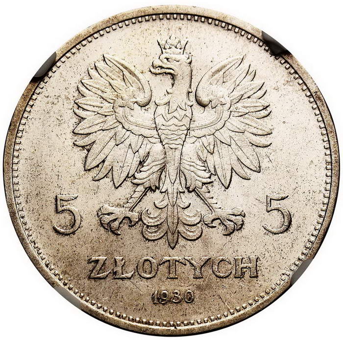 II RP. 5 złotych 1930, Sztandar, stempel płytki, srebro, NGC MS64