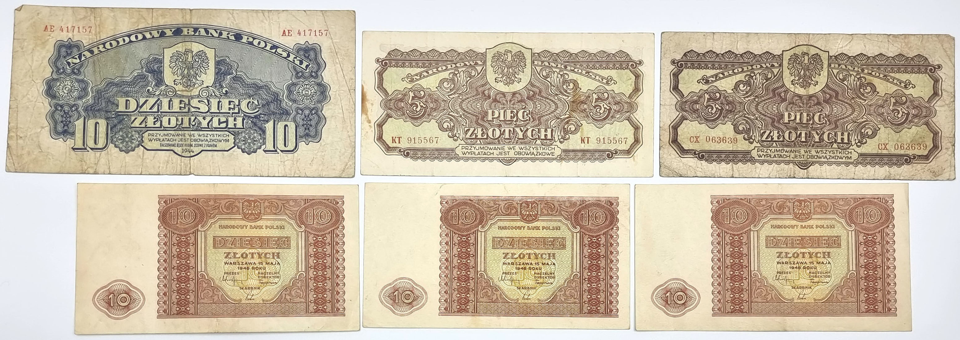 5 - 10 złotych 1944 i 1946, zestaw 5 banknotów