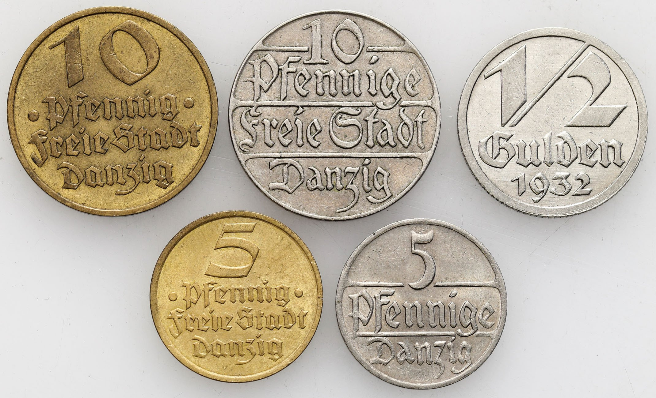 Wolne Miasto Gdańsk, 5 - 10 fenigów 1923-1932 i 1/2 guldena 1932, zestaw 5 sztuk