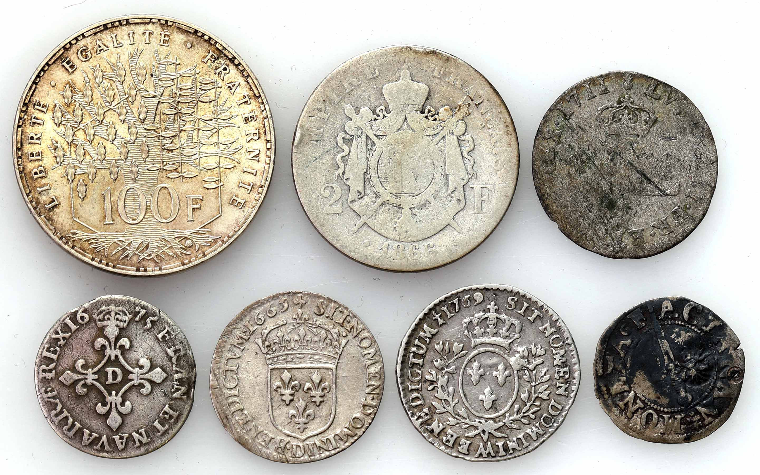 Francja. Monety srebrne, zestaw 7 sztuk