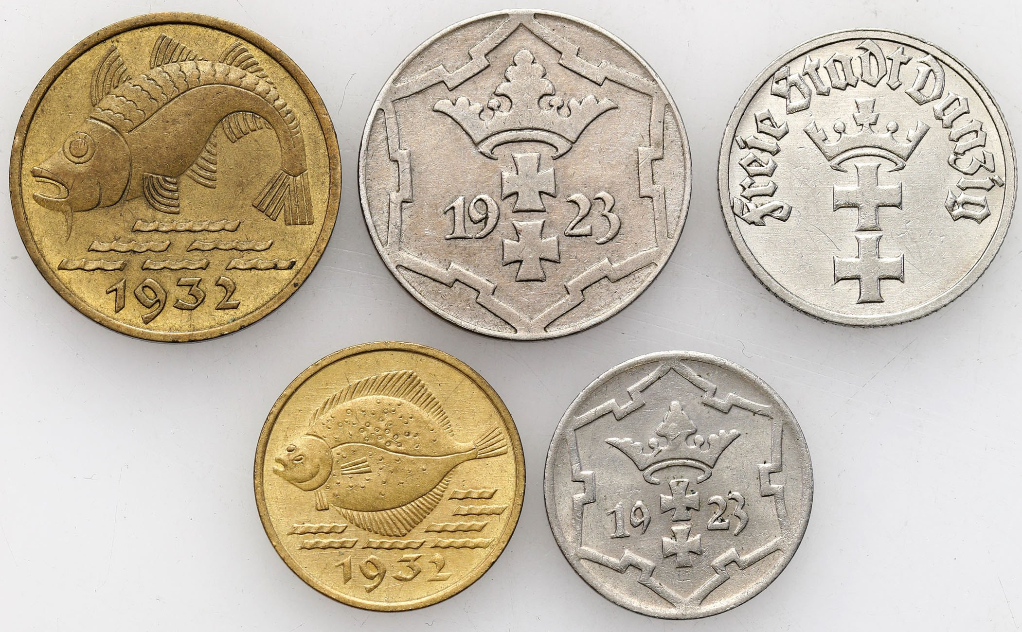 Wolne Miasto Gdańsk, 5 - 10 fenigów 1923-1932 i 1/2 guldena 1932, zestaw 5 sztuk