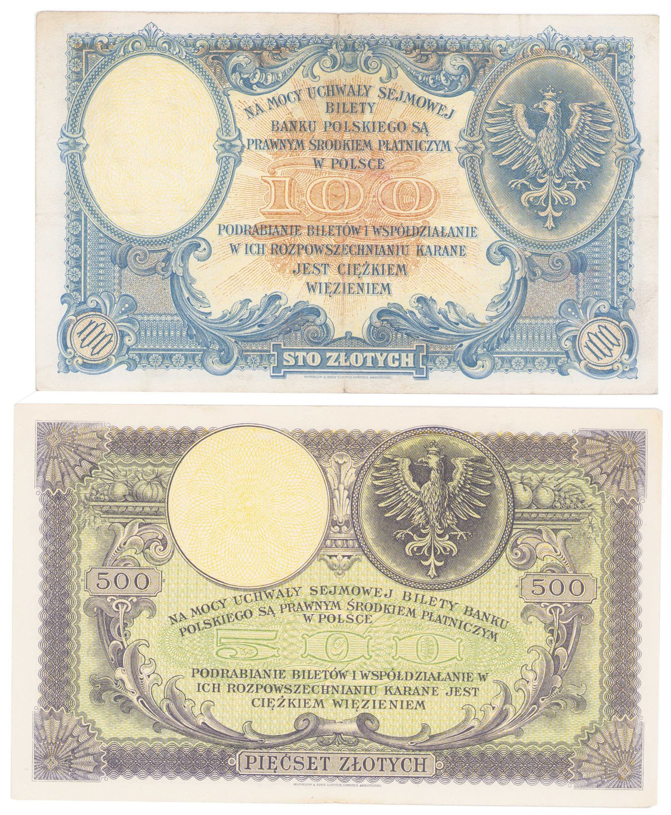 100 złotych 1919 seria B i 500 złotych 1919 seria A