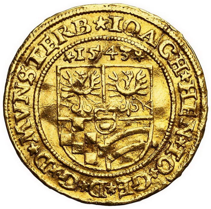 Powiązane z Polską . Śląsk. Księstwo Ziębicko – Oleśnickie. Joachim, Henryk II, Jan i Jerzy. Dukat 1543, Złoty Stok