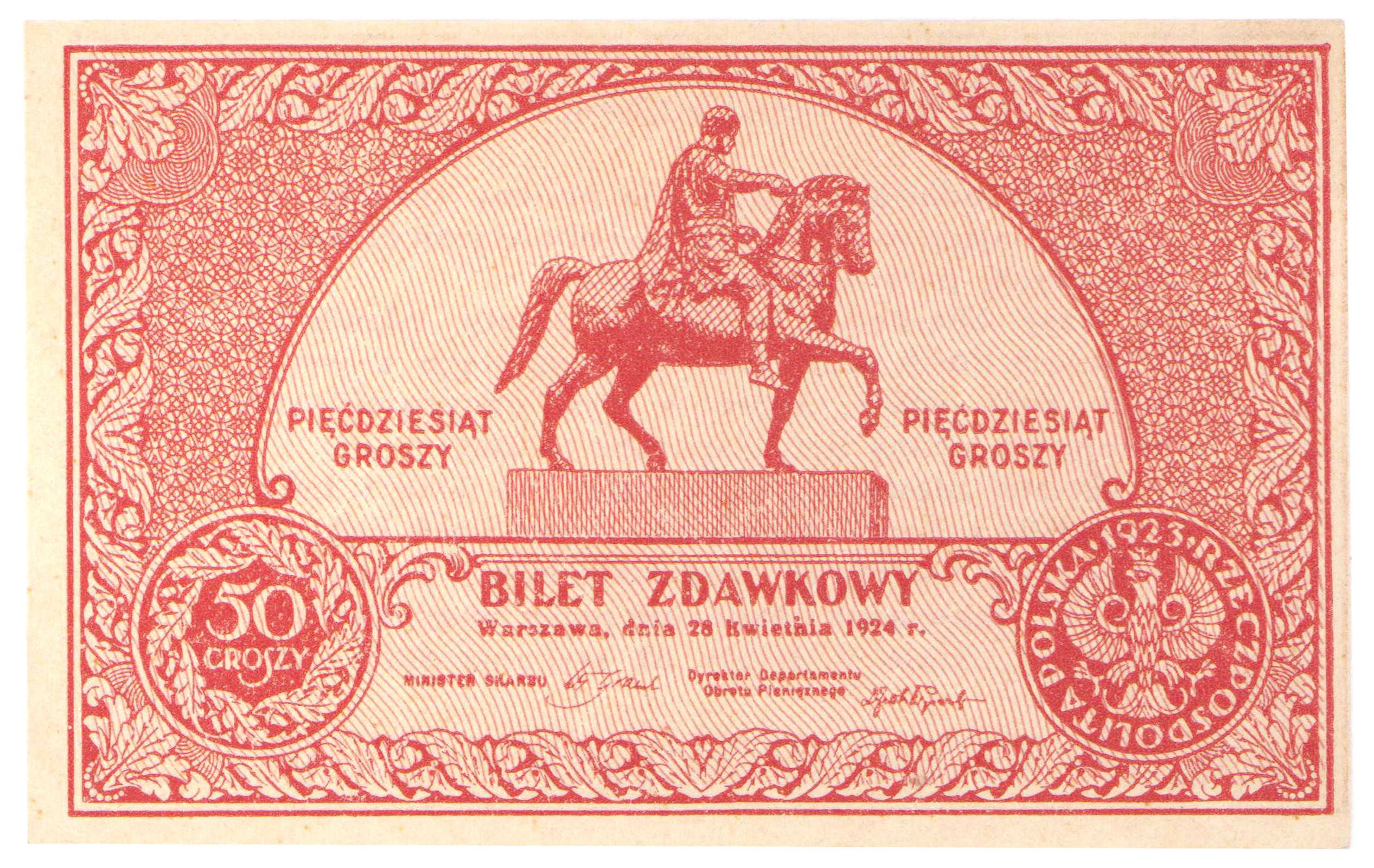 Bilet zdawkowy. 50 groszy 1924 - PIĘKNE