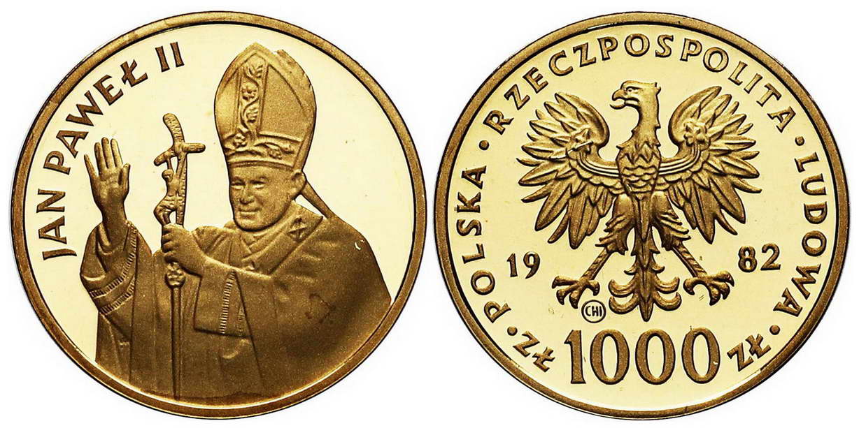  Polska po 1945. Jan Paweł II Papież zestaw 1982 Au + Ag, stempel lustrzany