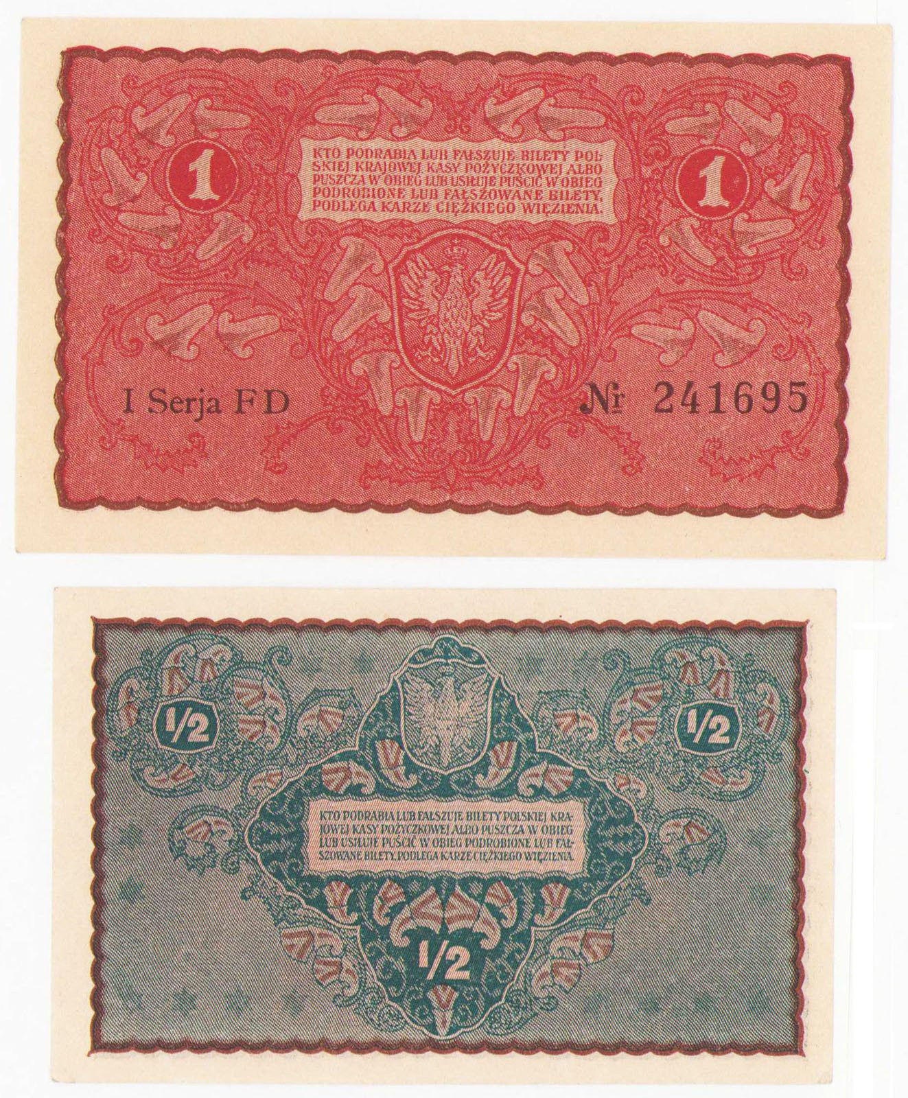 1/2 marki polskiej 1920, 1 marka polska 1919, zestaw 2 banknotów