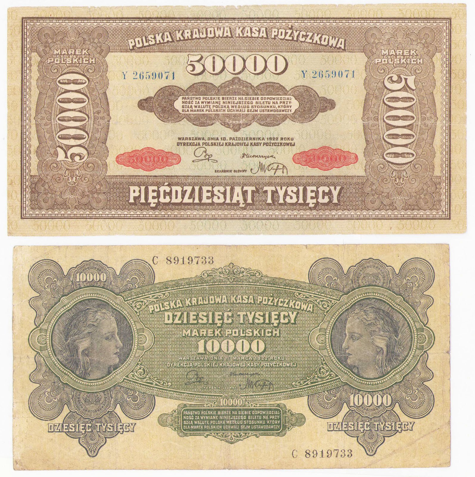 50.000 marek polskich 1922, seria Y i 10.000 marek polskich 1922 seria C