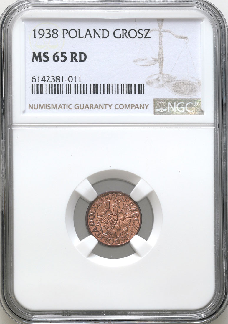 II RP. 1 grosz 1938 NGC MS65 RD - PIĘKNY