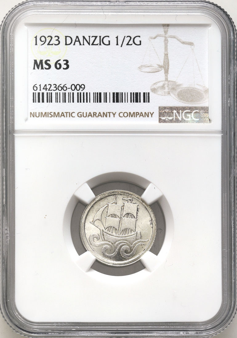 Wolne Miasto Gdańsk. 1/2 guldena 1923 NGC MS63 – PIĘKNE