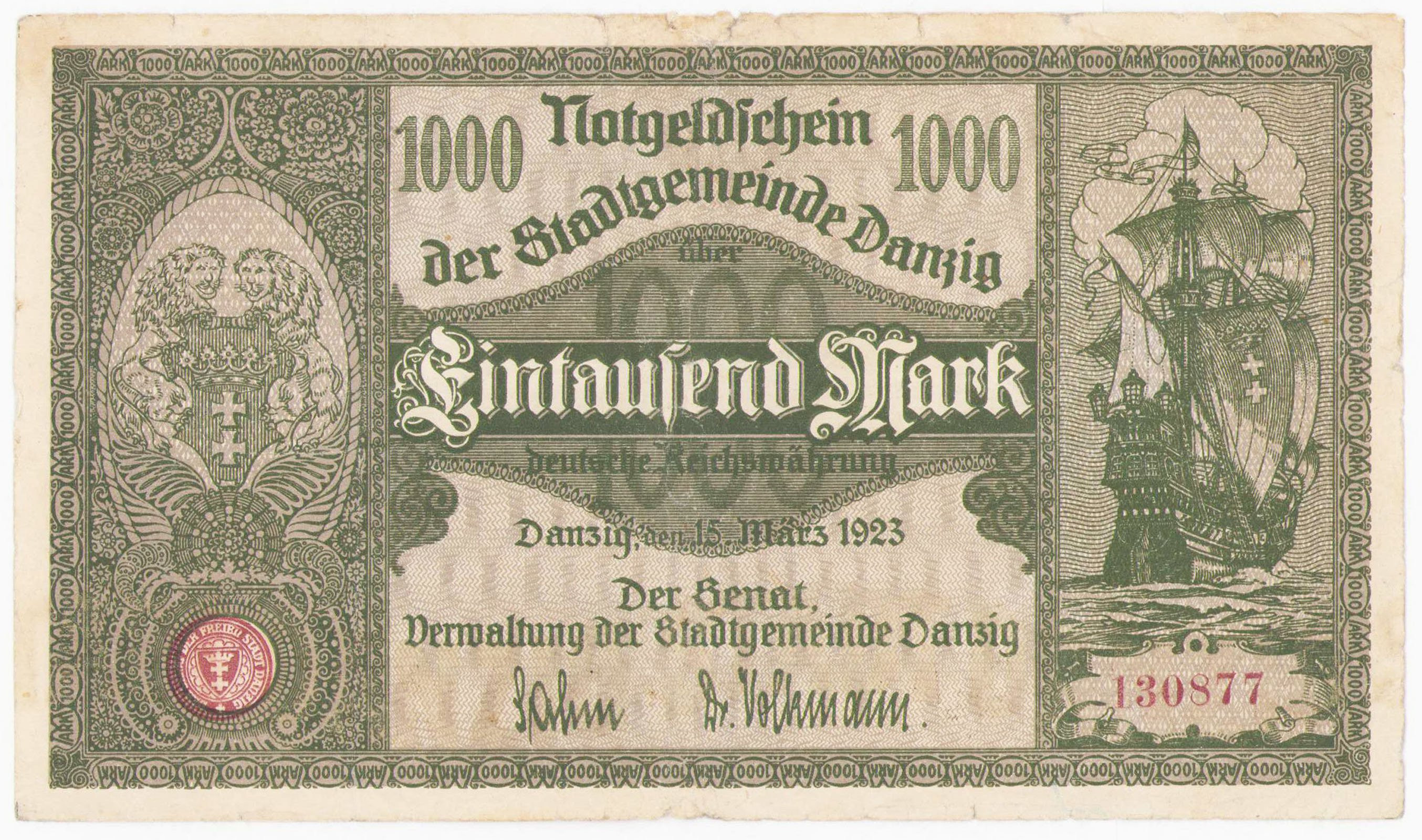 Wolne Miasto Gdańsk. 1.000 marek 1923