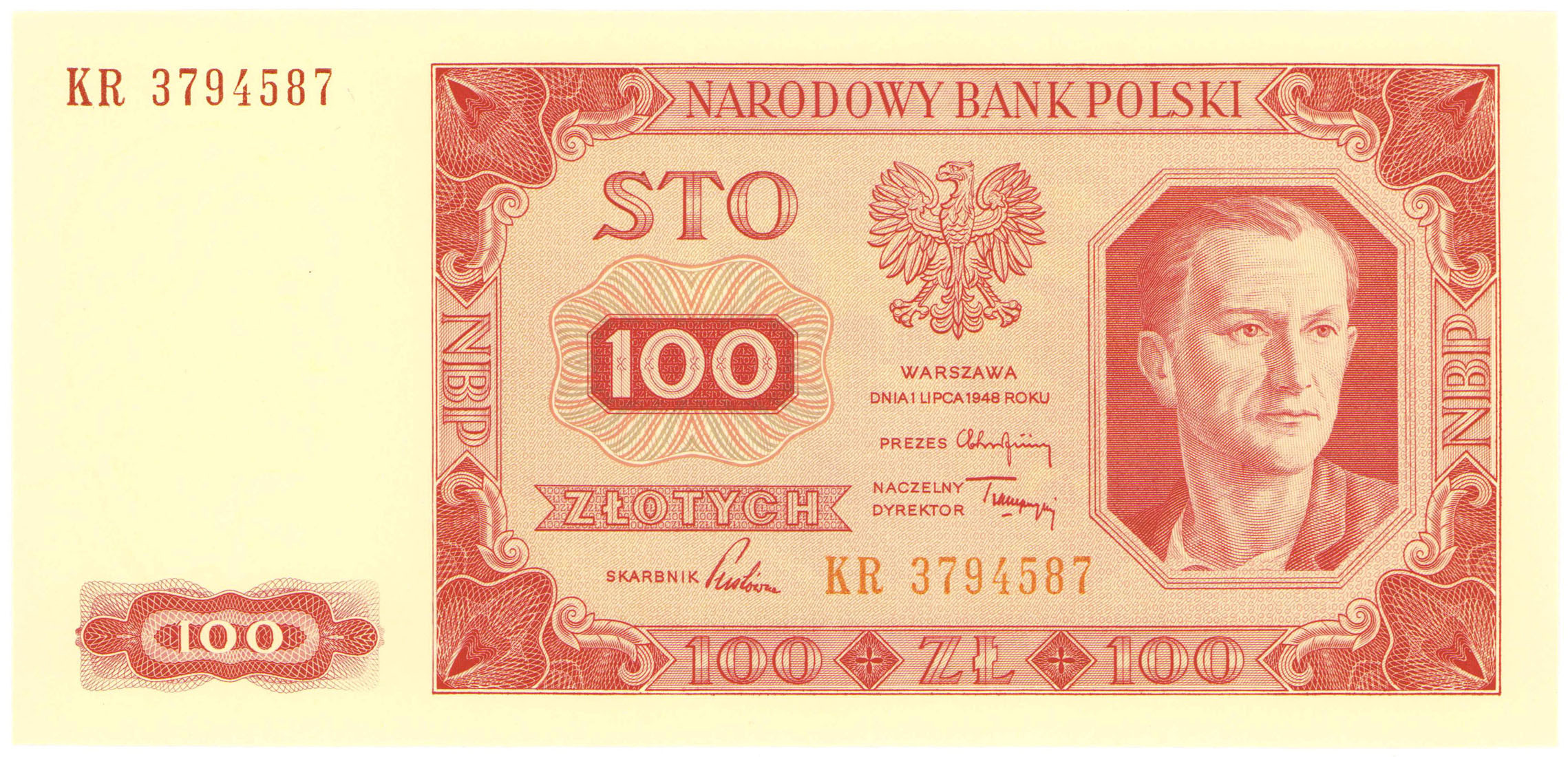 100 złotych 1948 seria KR - PIĘKNE