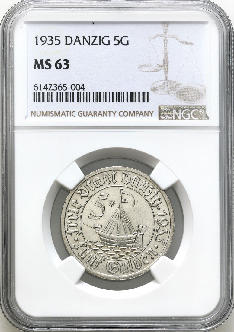 Wolne Miasto Gdańsk. 5 guldenów 1935 Koga NGC MS63 (2 MAX) – WYŚMIENITE