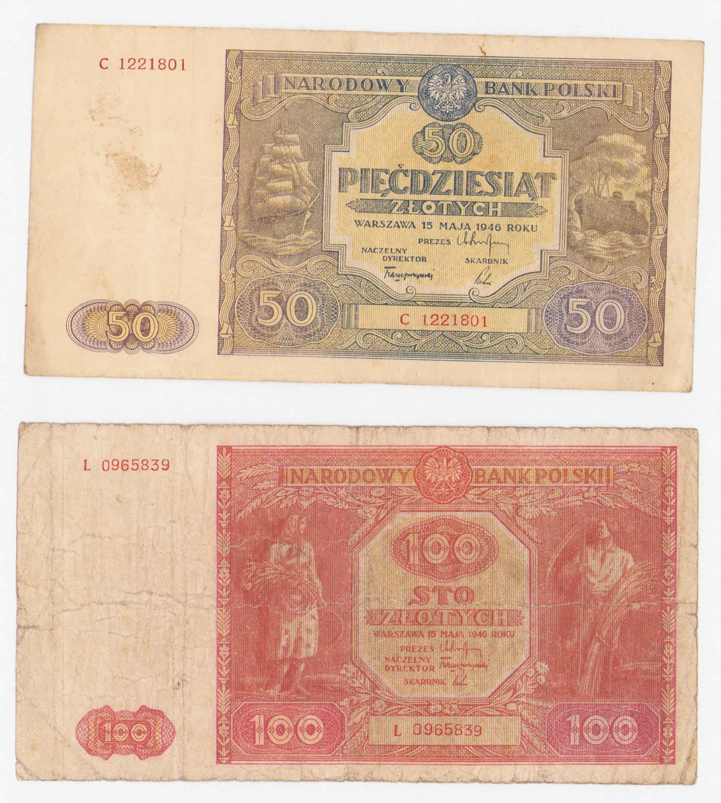 50 złotych 1946, seria C i 100 złotych 1946 seria L