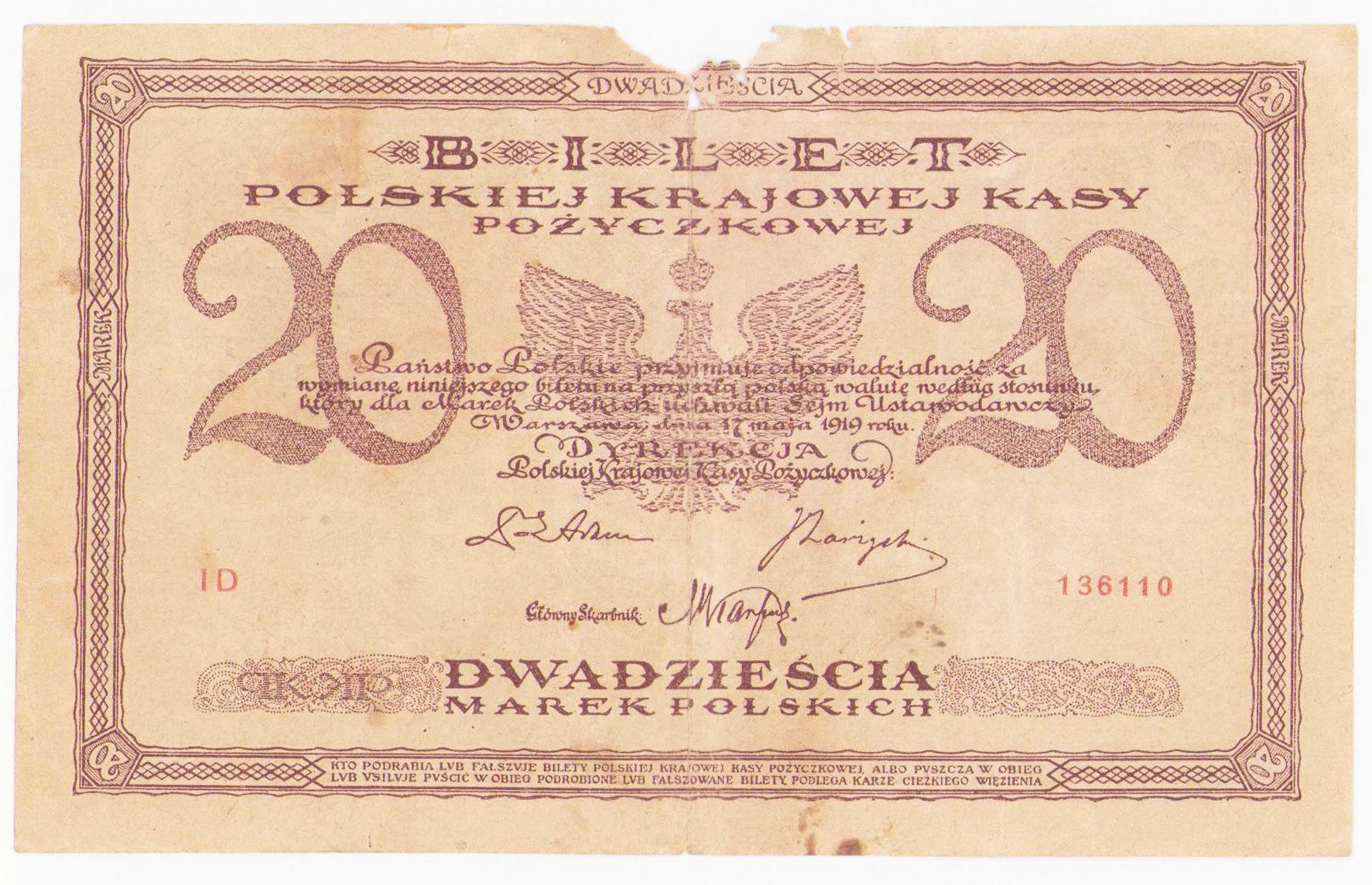 20 marek polskich 1919 seria ID