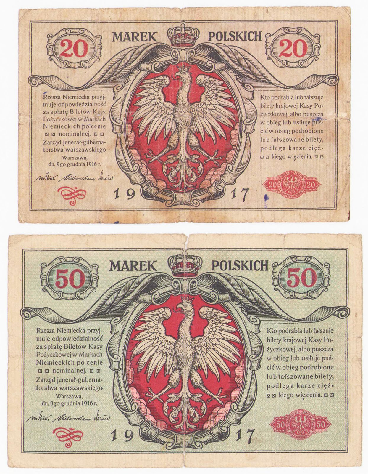 20 marek polskich, jenerał i 50 marek polskich 1916, jenerał seria A