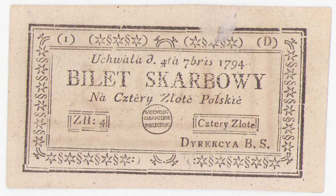 Insurekcja Kościuszkowska. Bilet skarbowy 4 złote polskie 1794, seria 1-D 