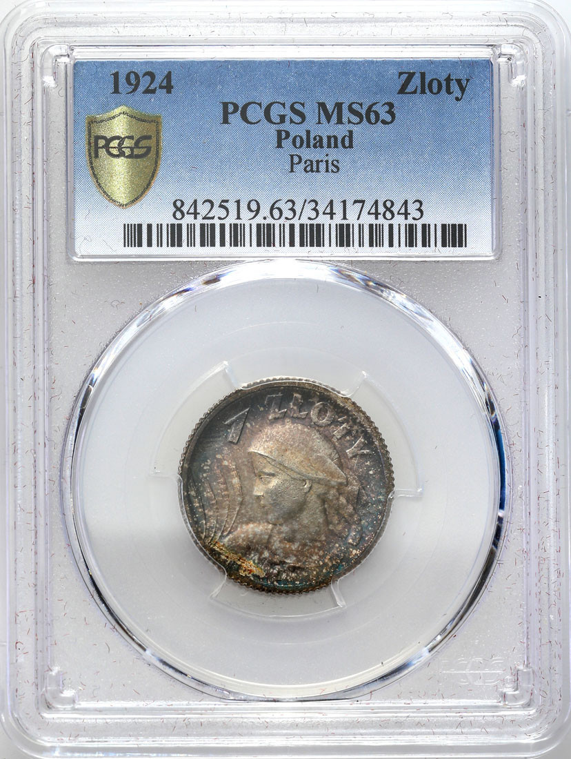 II RP. 1 złoty 1924 Paryż PCGS MS63 (2 MAX) - PIĘKNE