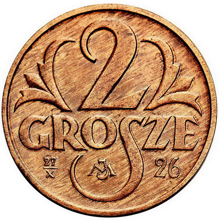 II RP. 2 grosze 1925, PRÓBA, brąz z kolekcji W. Głuchowskiego