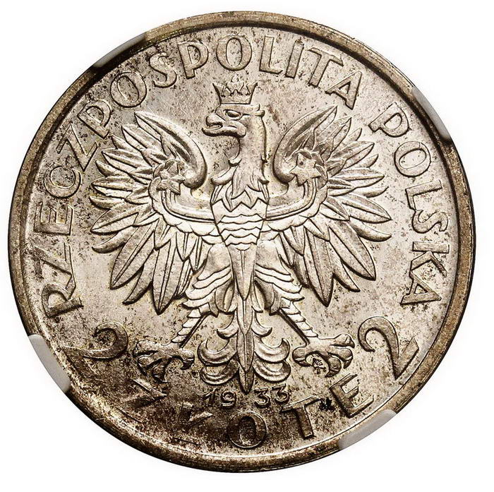 II RP. 2 złote 1933, głowa kobiety, PRÓBA, srebro, NGC MS63