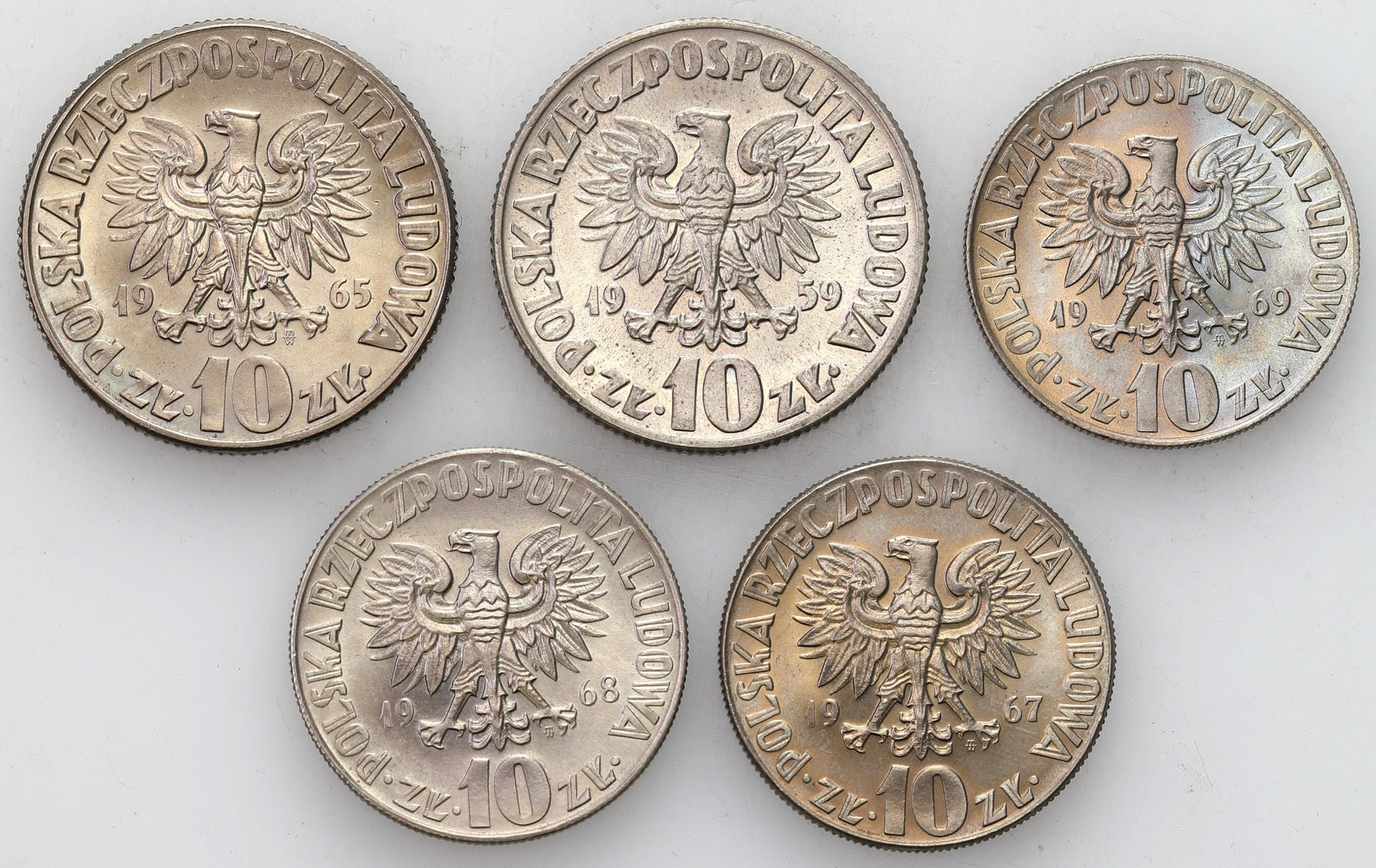 PRL. 10 złotych 1959 – 1969 Mikołaj Kopernik, zestaw 5 sztuk