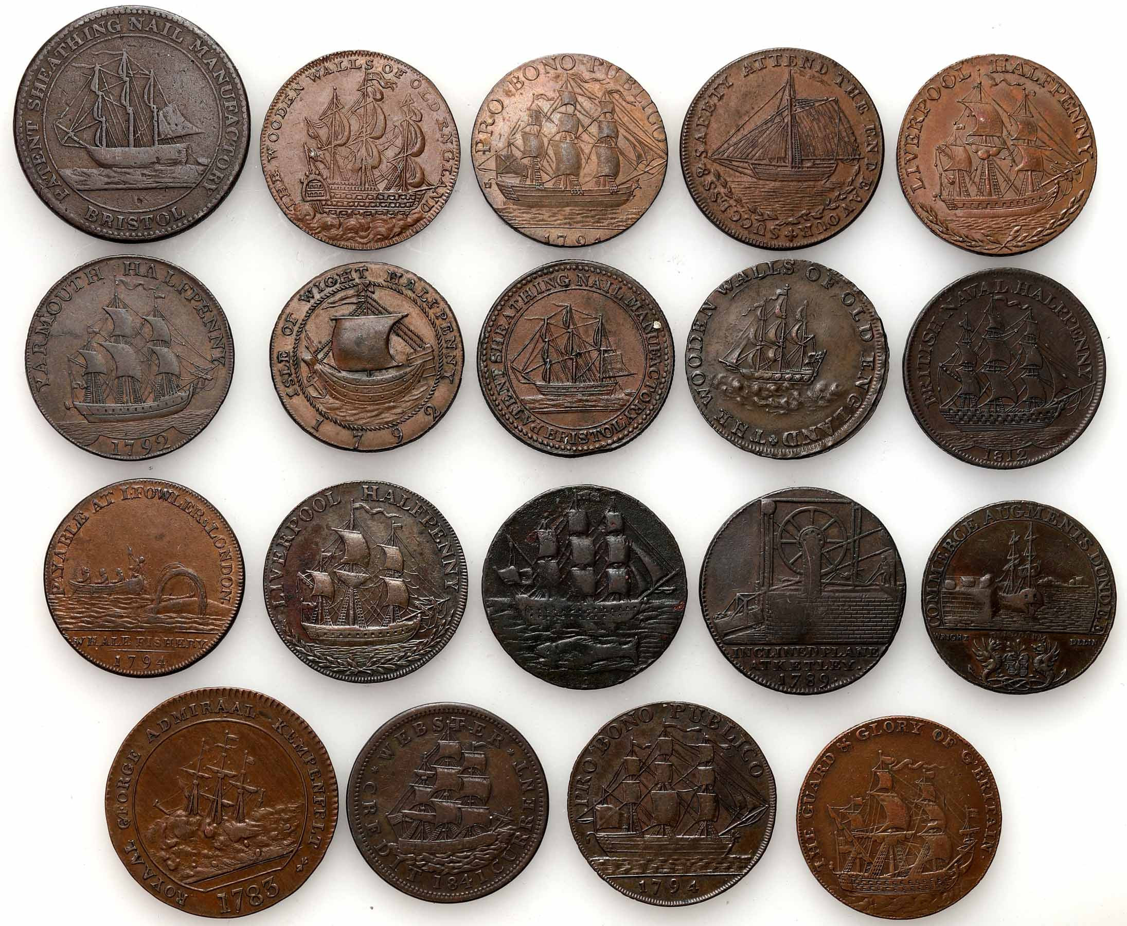 Wielka Brytania. XVIII-XIX wiek. Token – żeton, zestaw 19 sztuk 