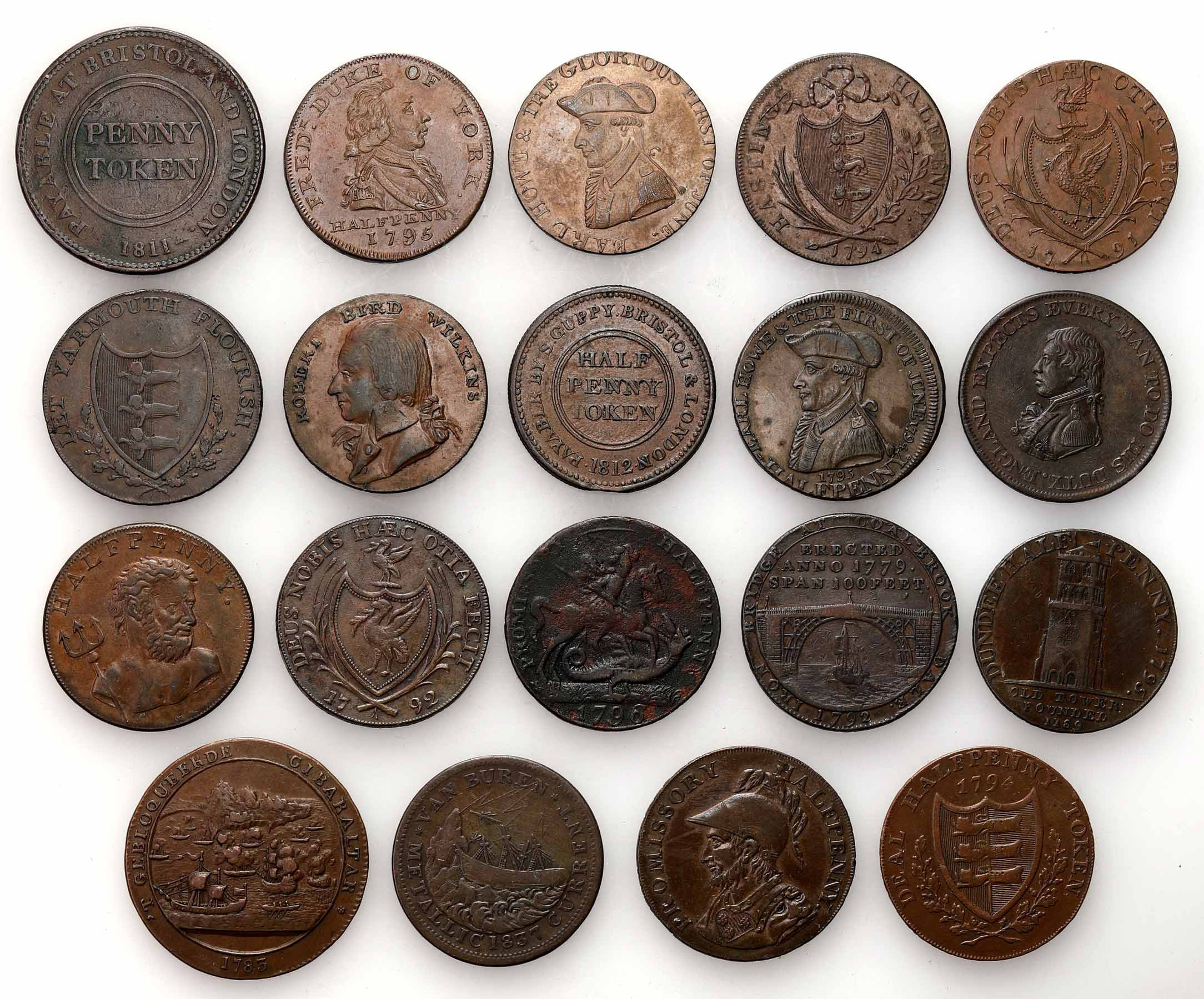 Wielka Brytania. XVIII-XIX wiek. Token – żeton, zestaw 19 sztuk 