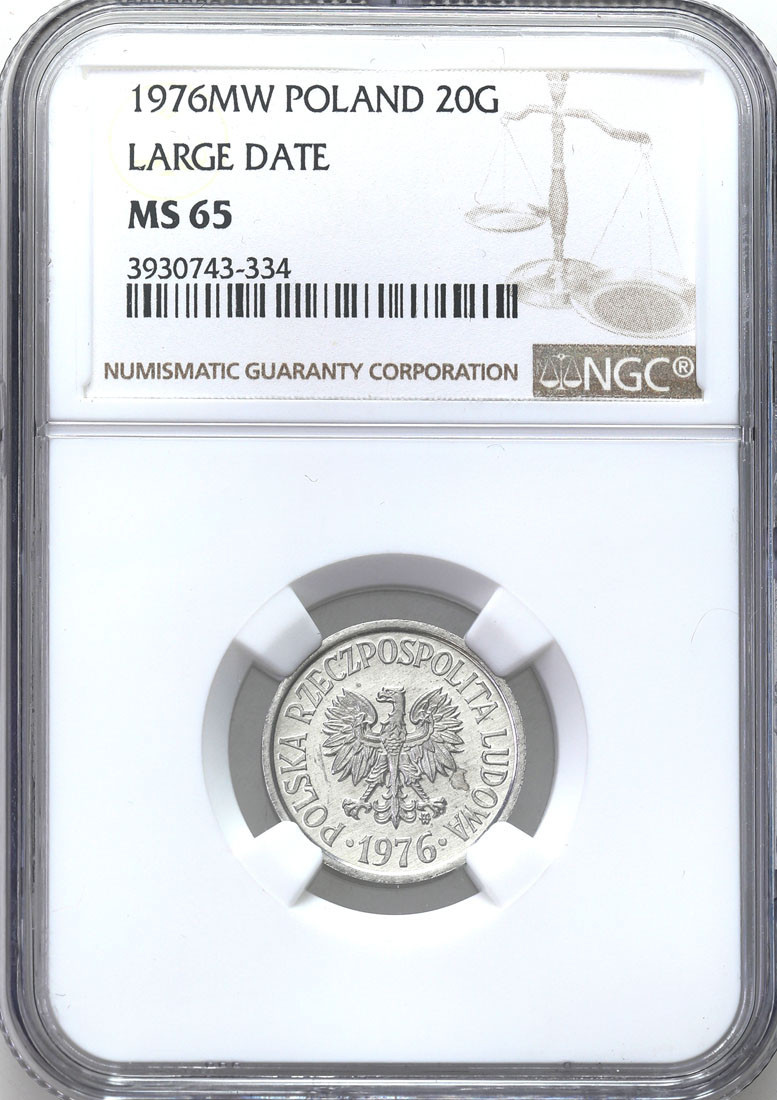 PRL. 20 groszy 1976 (duża data) aluminium NGC MS65