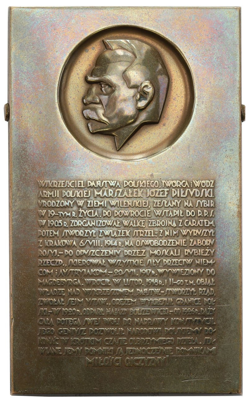 II RP. Plakieta z podpórką Józef Piłsudski, brąz