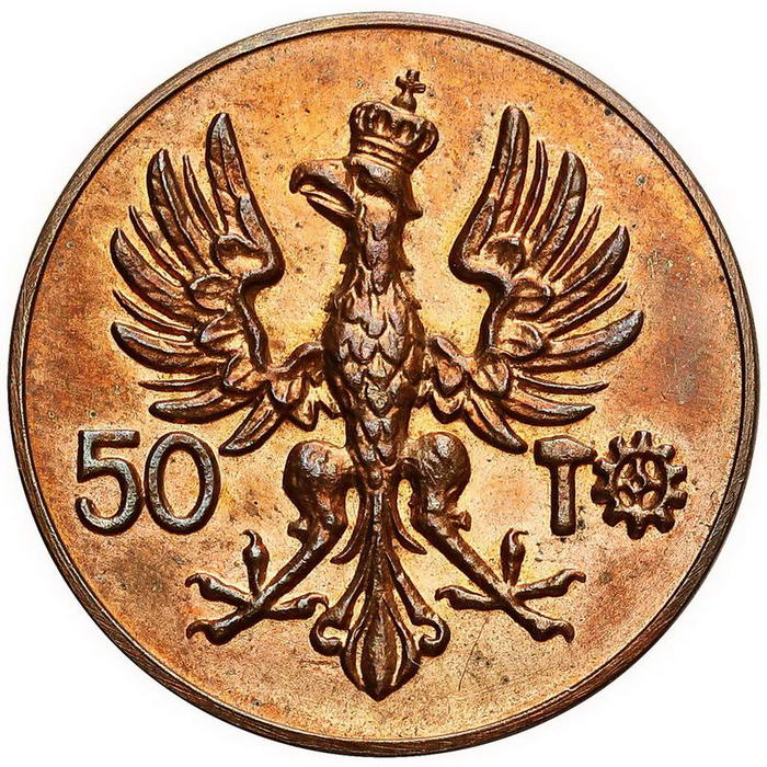 II RP. 50 marek 1923, kobieta z kłosami, PRÓBA, brąz z kolekcji W. Głuchowskiego