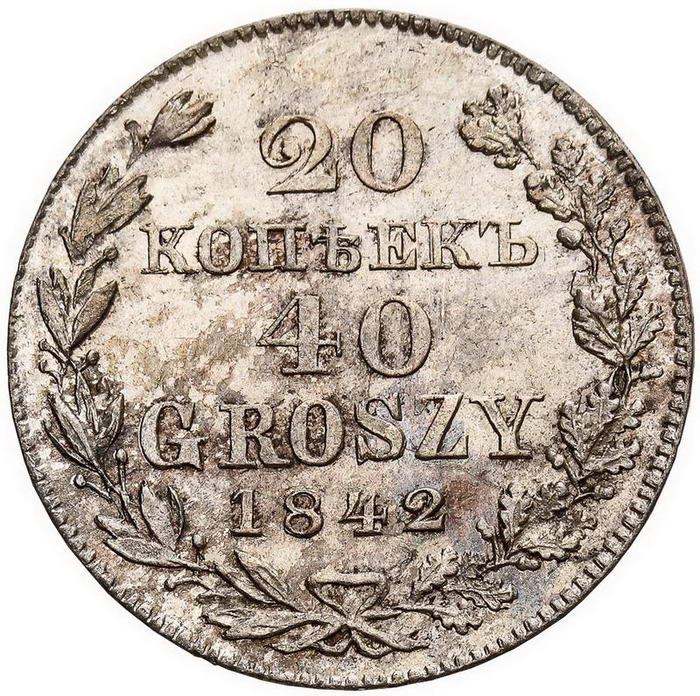 Polska XIX wiek. 20 kopiejek = 40 groszy 1842 MW, Warszawa