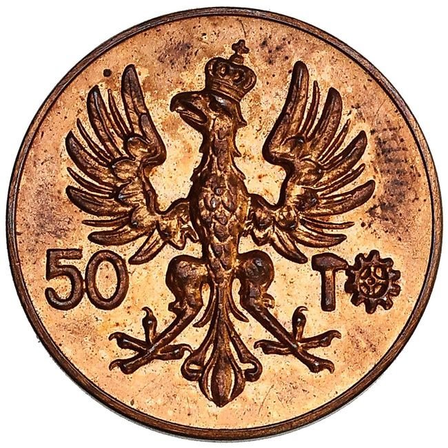 II RP. 50 marek 1923, kobieta z kłosami, PRÓBA, brąz