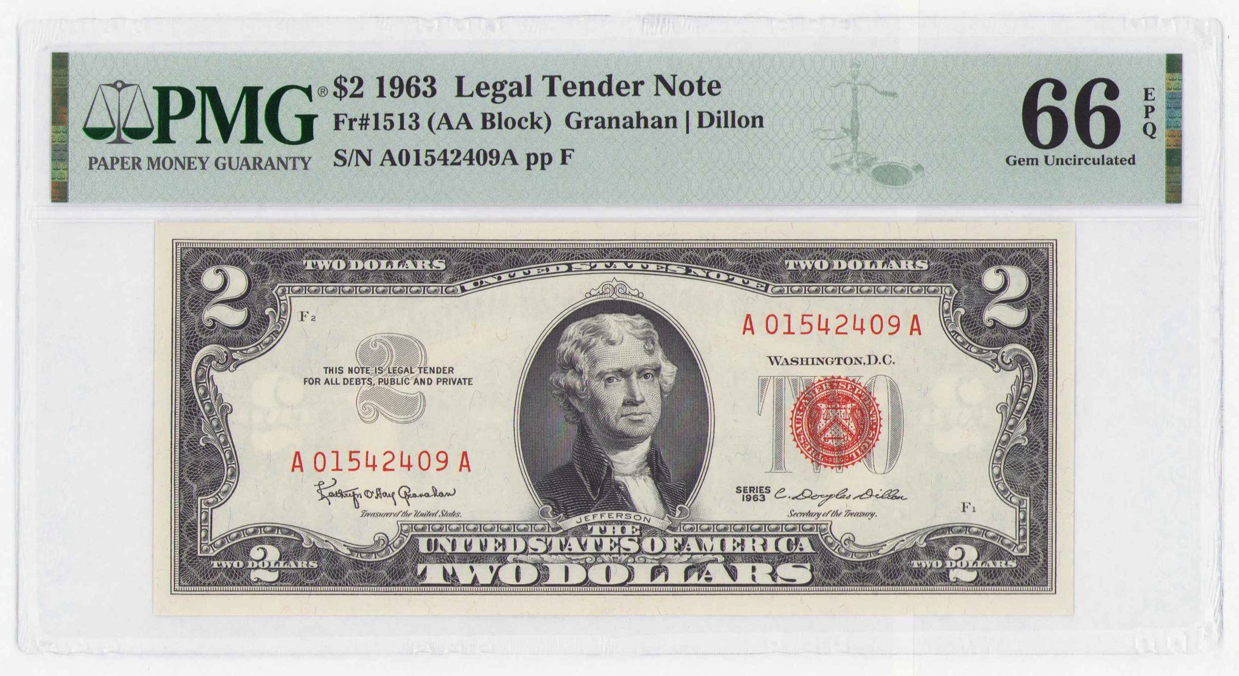 USA. Legal Tender Note. 2 dolary 1963, seria AA, PMG 66