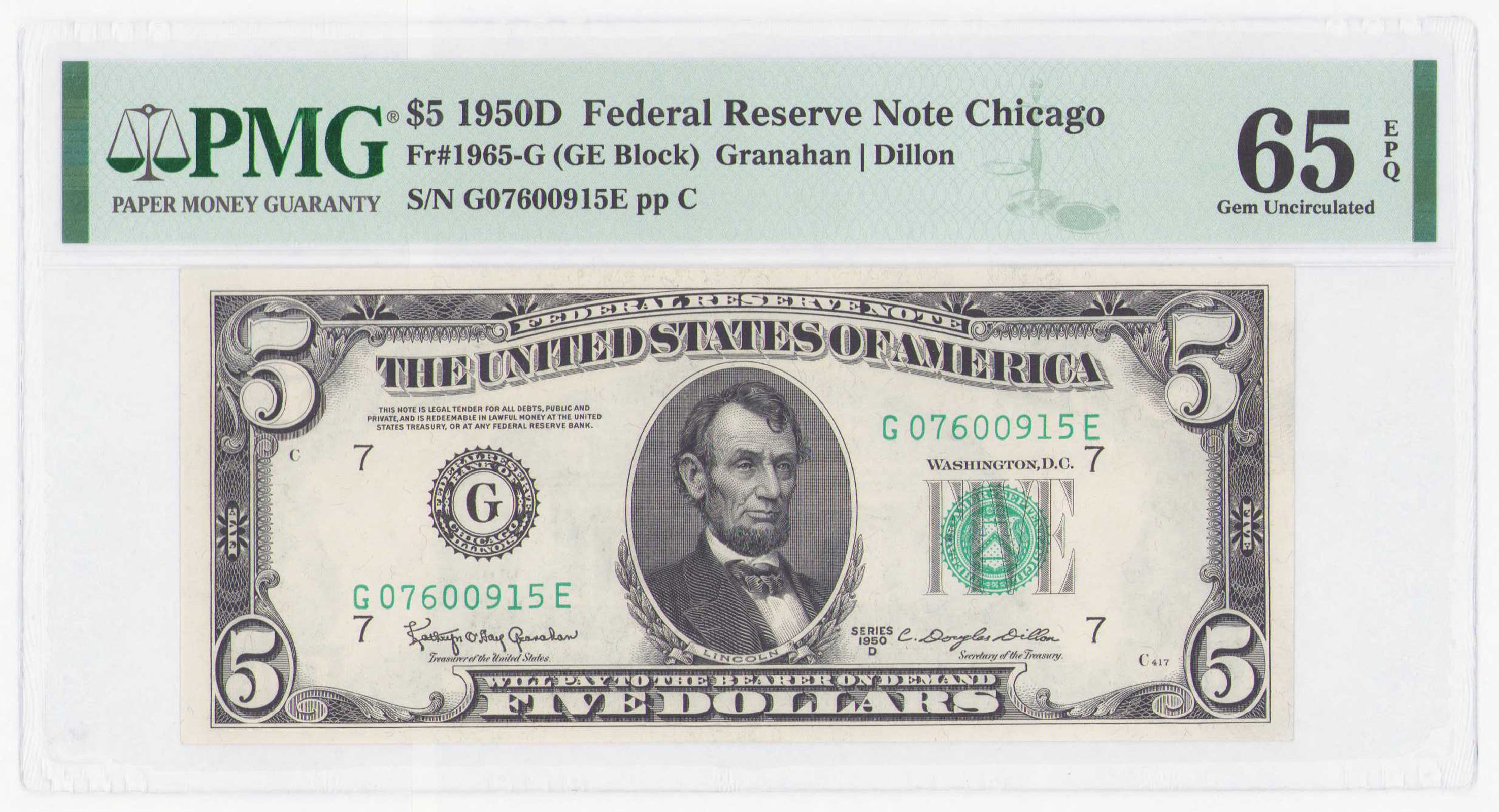 USA. Federal Reserve Note Chicago. 5 dolarów 1950 seria GE, PMG 65
