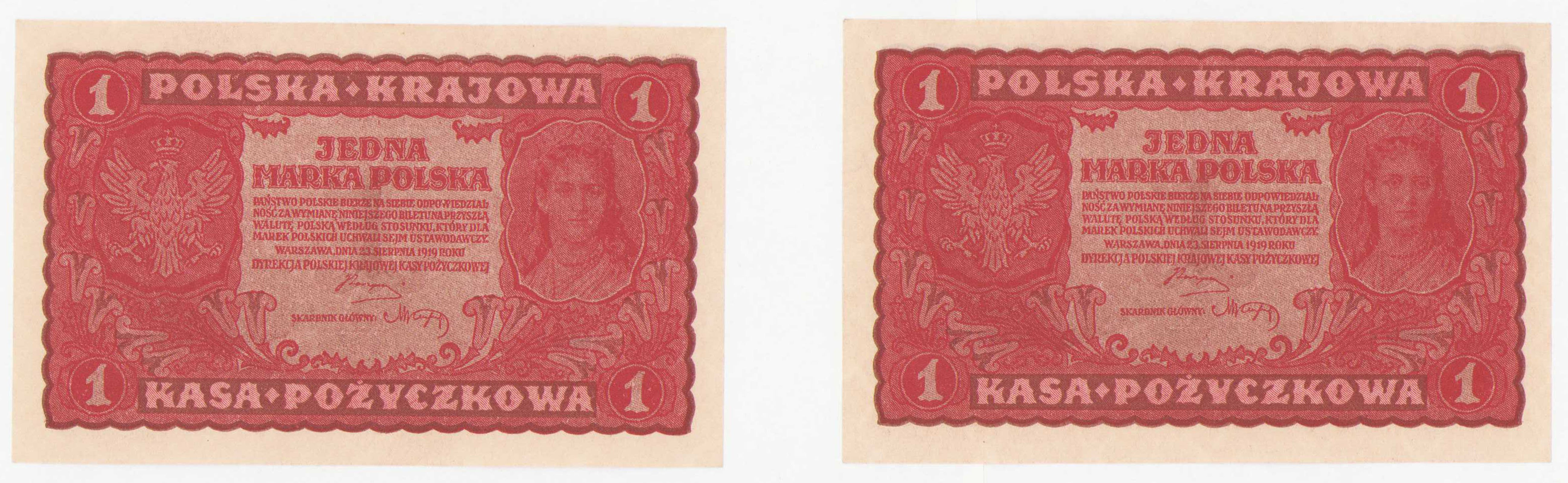 1 marka polska 1919 seria I-N, zestaw 2 sztuk