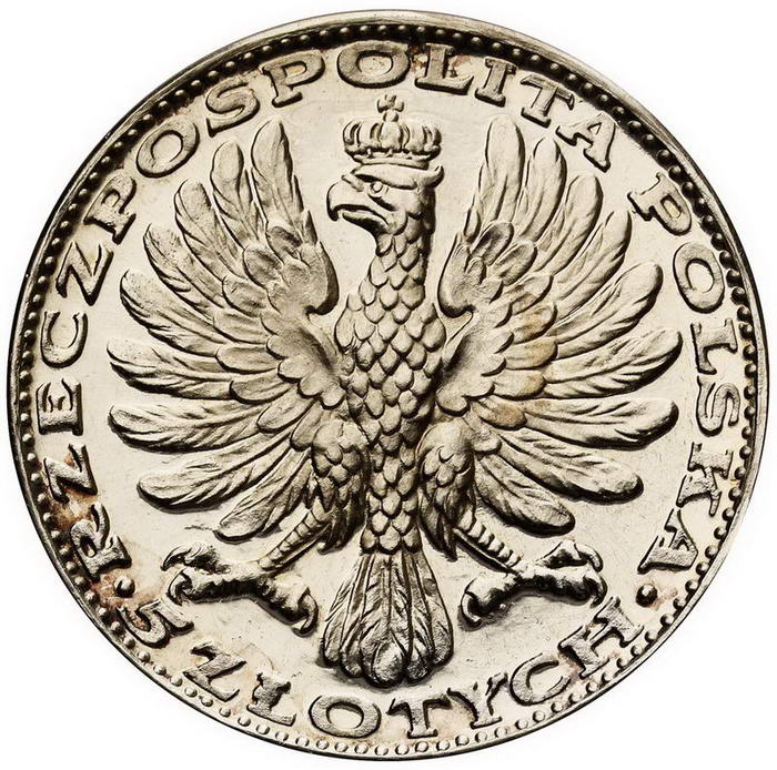 II RP. 5 złotych 1928, Matka Boska, stempel lustrzany z kolekcji W. Głuchowskiego