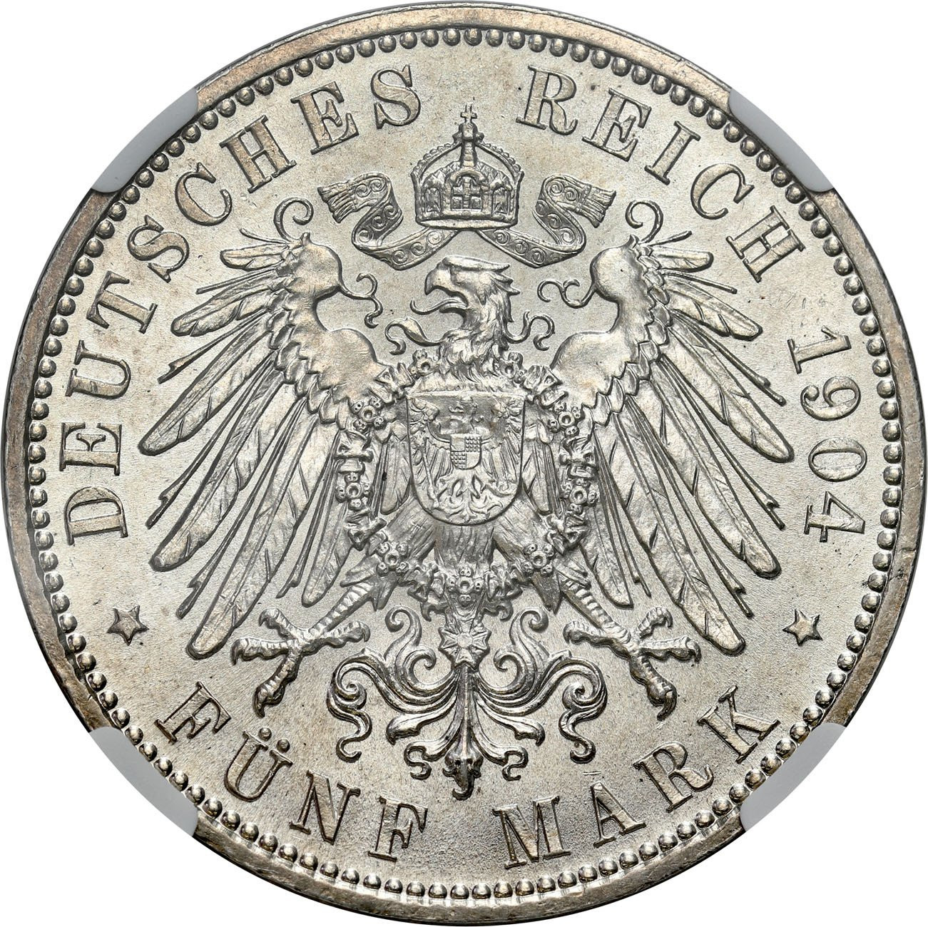 Niemcy, Saksonia. 5 marek 1904 E, Muldenhütten. NGC MS 63- WYŚMIENITE