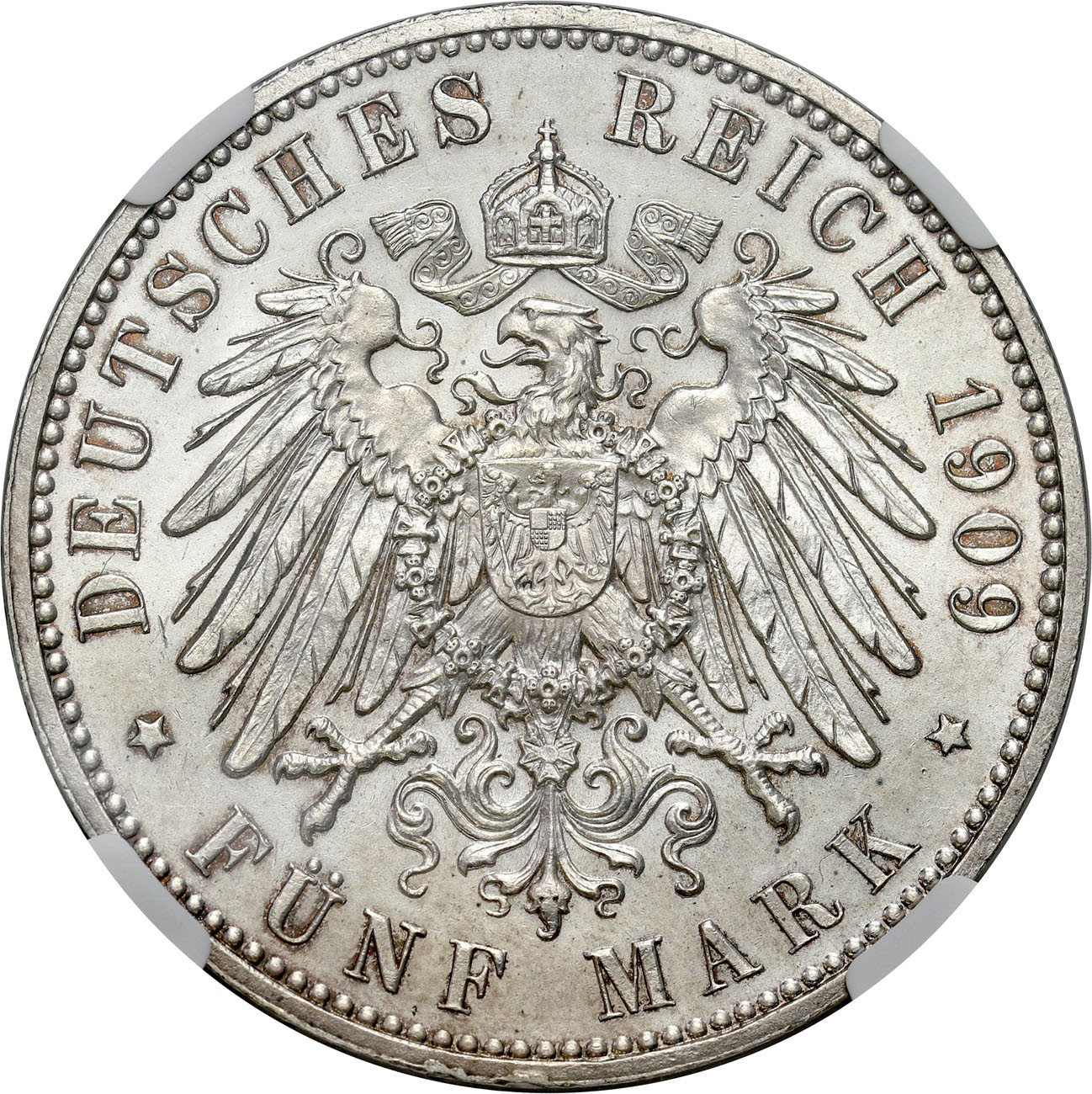 Niemcy. Saksonia. 5 marek 1909 NGC MS63 – PIĘKNE