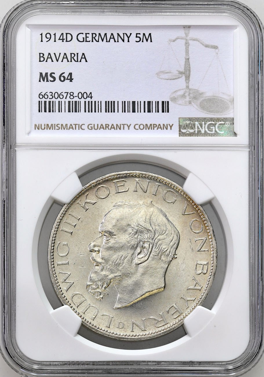 Niemcy Bawaria 5 Marek 1914 D, Monachium NGC MS64 - PIĘKNE