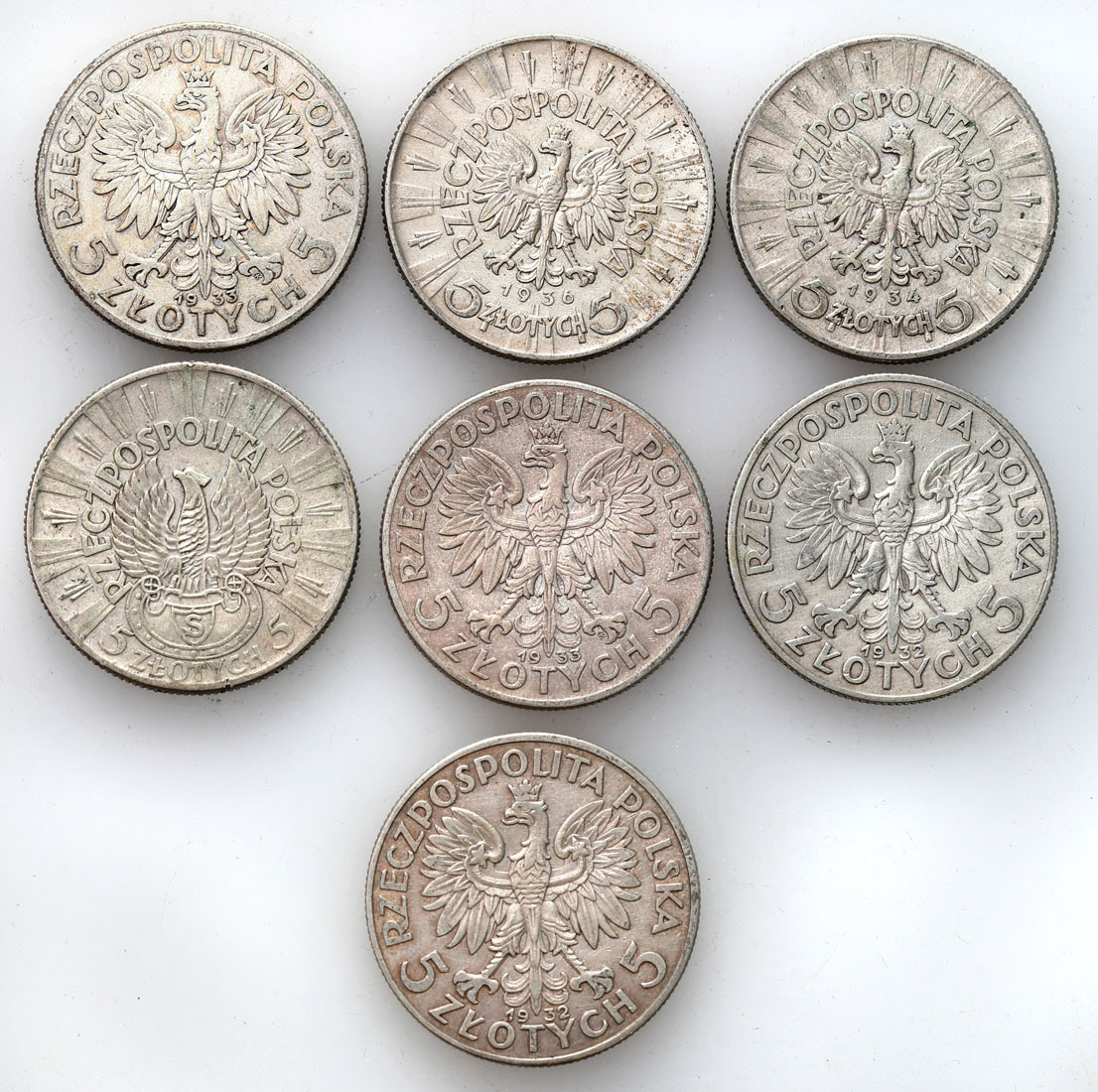 II RP. 5 złotych 1932 – 1936 - zestaw 7 monet