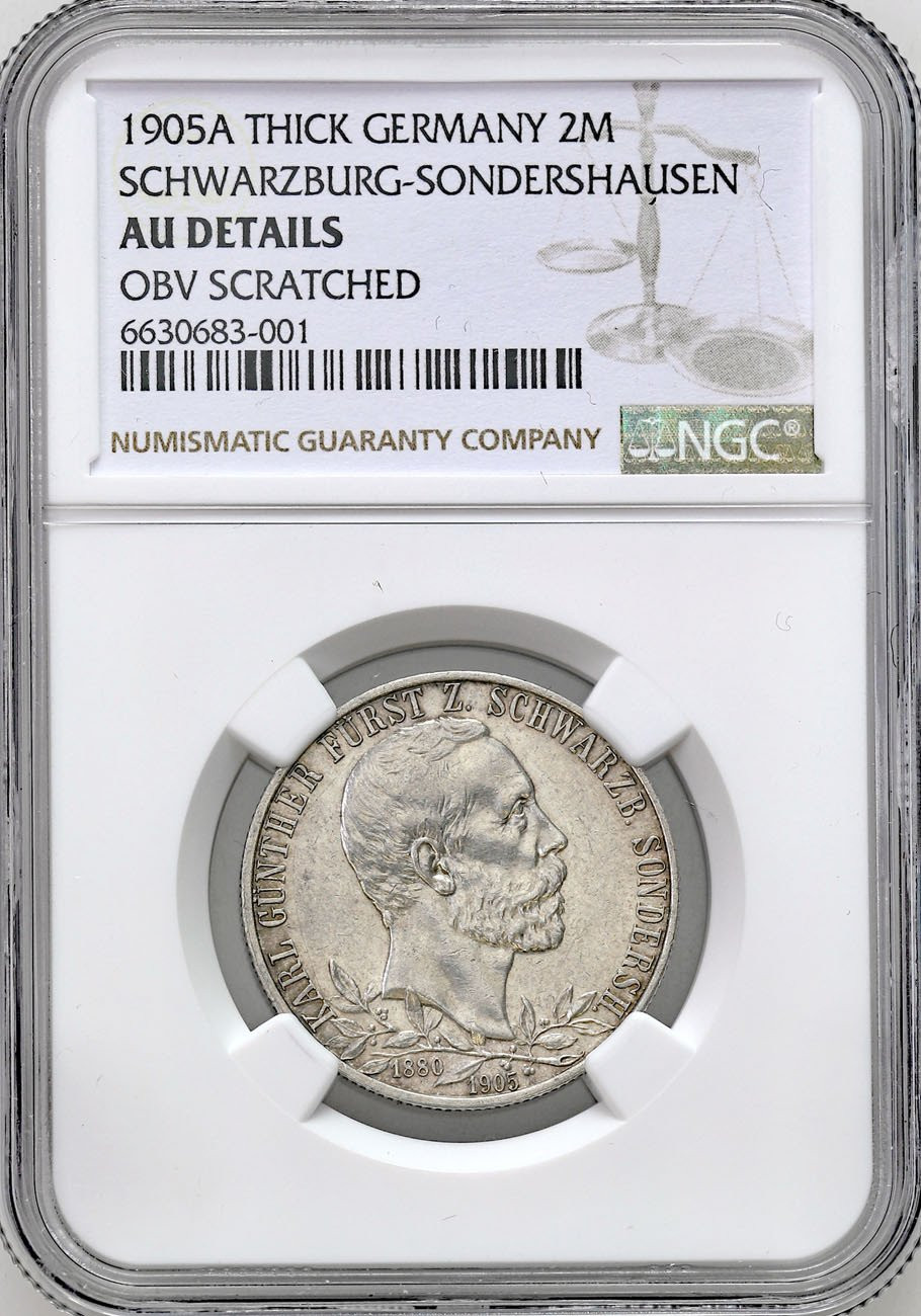 Niemcy, Schwarzburg-Sondershausen. 2 marki 1905 NGC AU - RZADKIE