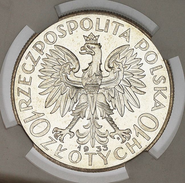 II RP. 10 złotych 1933, głowa kobiety, PRÓBA?, srebro, stempel lustrzany