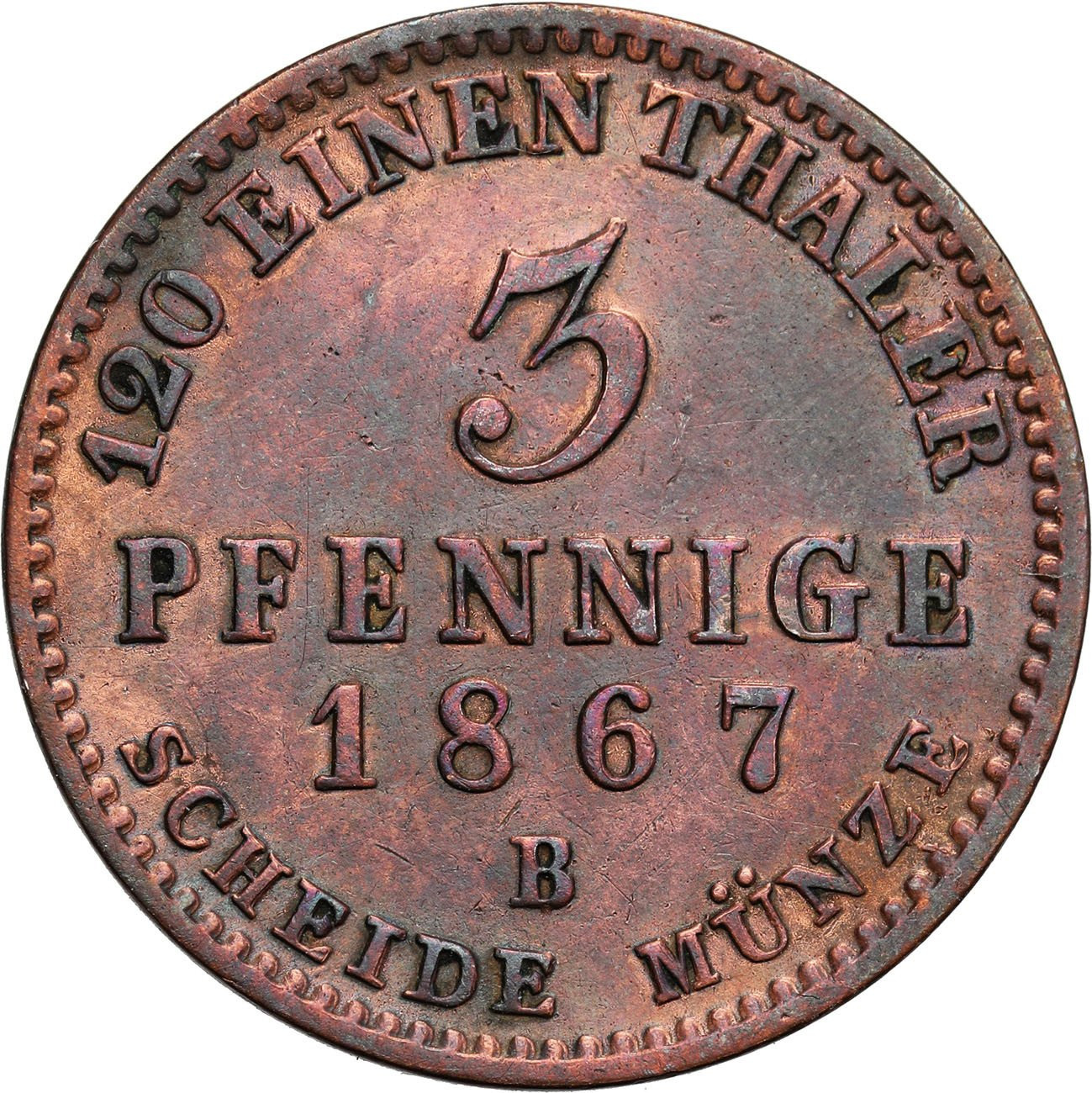  Niemcy, Anhalt-Bernburg.  3 fenigi 1867 B, Hanower 