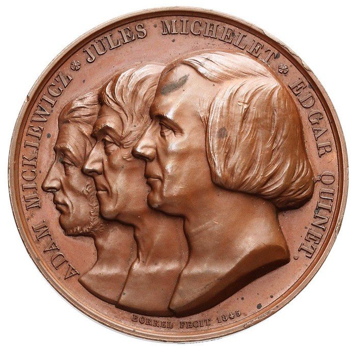 Polska XIX wiek.  Polska – Francja. Medal Mickiewicza – 1845, brąz