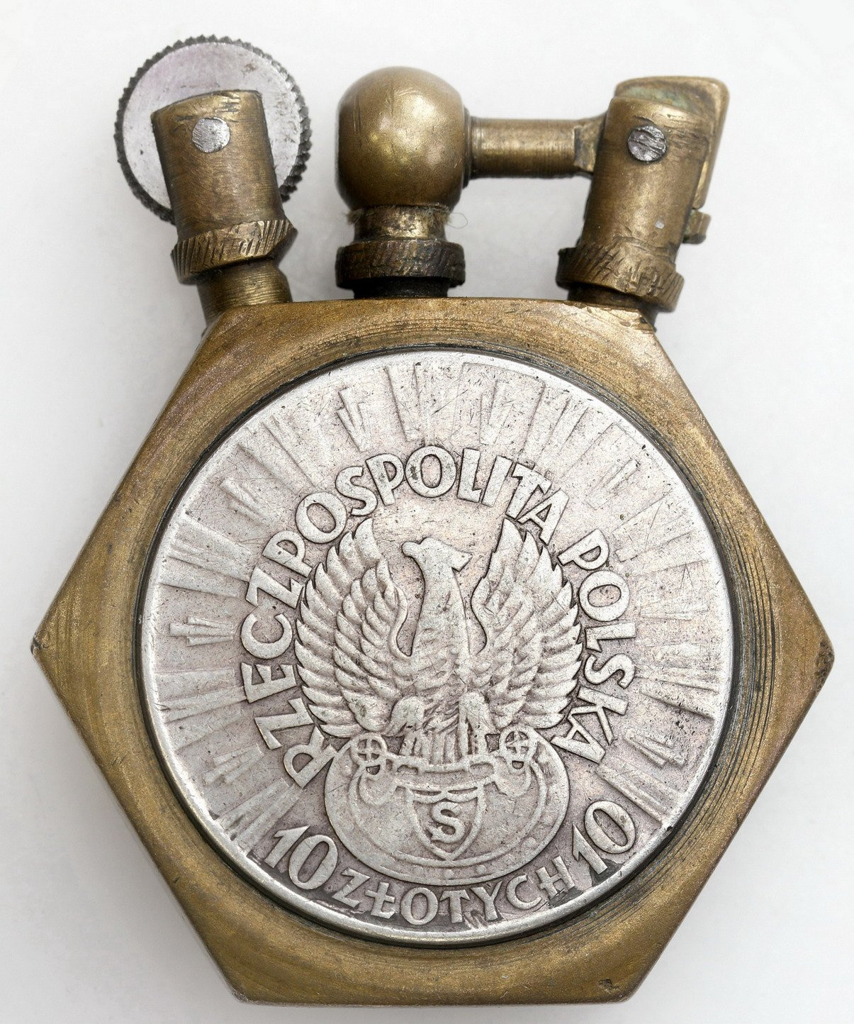 Zapalniczka z dwoma monetami 10 złotych Piłsudski Strzelecki 